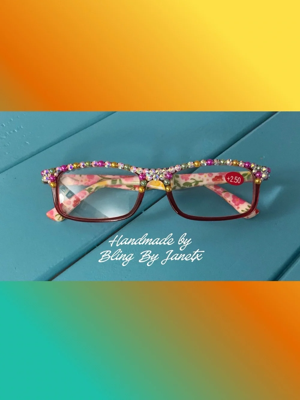 Handmade Bling Reading Glasses (+2.50)- Floral Frame with Multicolor Rhinestones